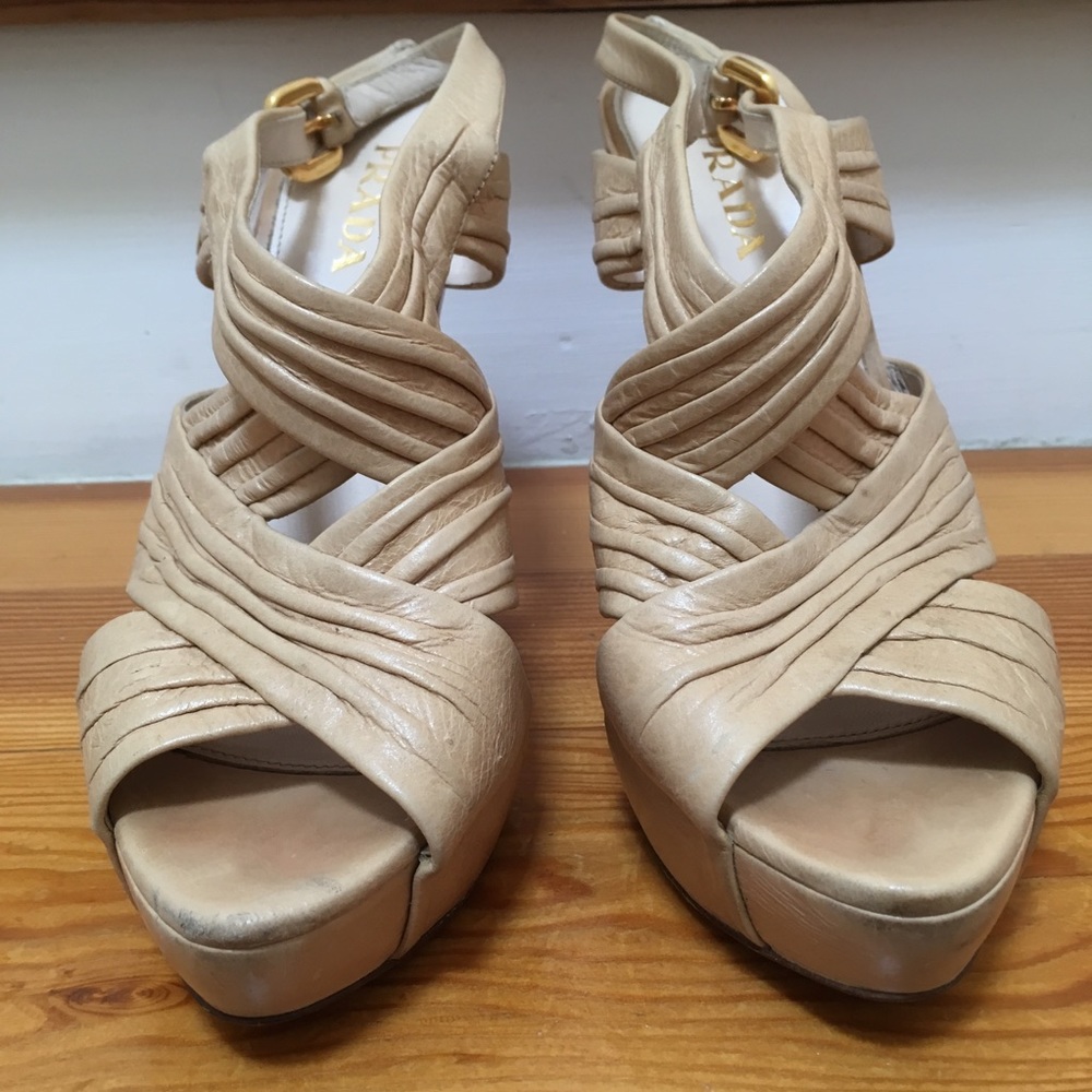Prada Platform Heels Sandals Crisscross Ruched Slingback Nude Beige size 39.5 - Picture 2 of 16